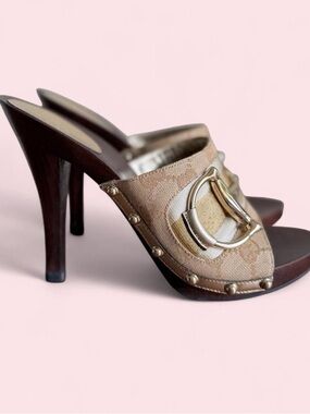 Gucci Brown Beige Monogram Buckle High Heel Mules